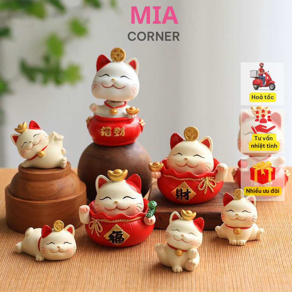 Set mèo thần tài mini để bàn làm việc và decor trang trí ô tô xe hơi