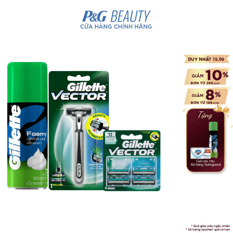 Combo 3 gồm Dao Cạo Gillette Vector 1UP, lưỡi cạo râu 4s Vector và bọt cạo râu Gillette 175g