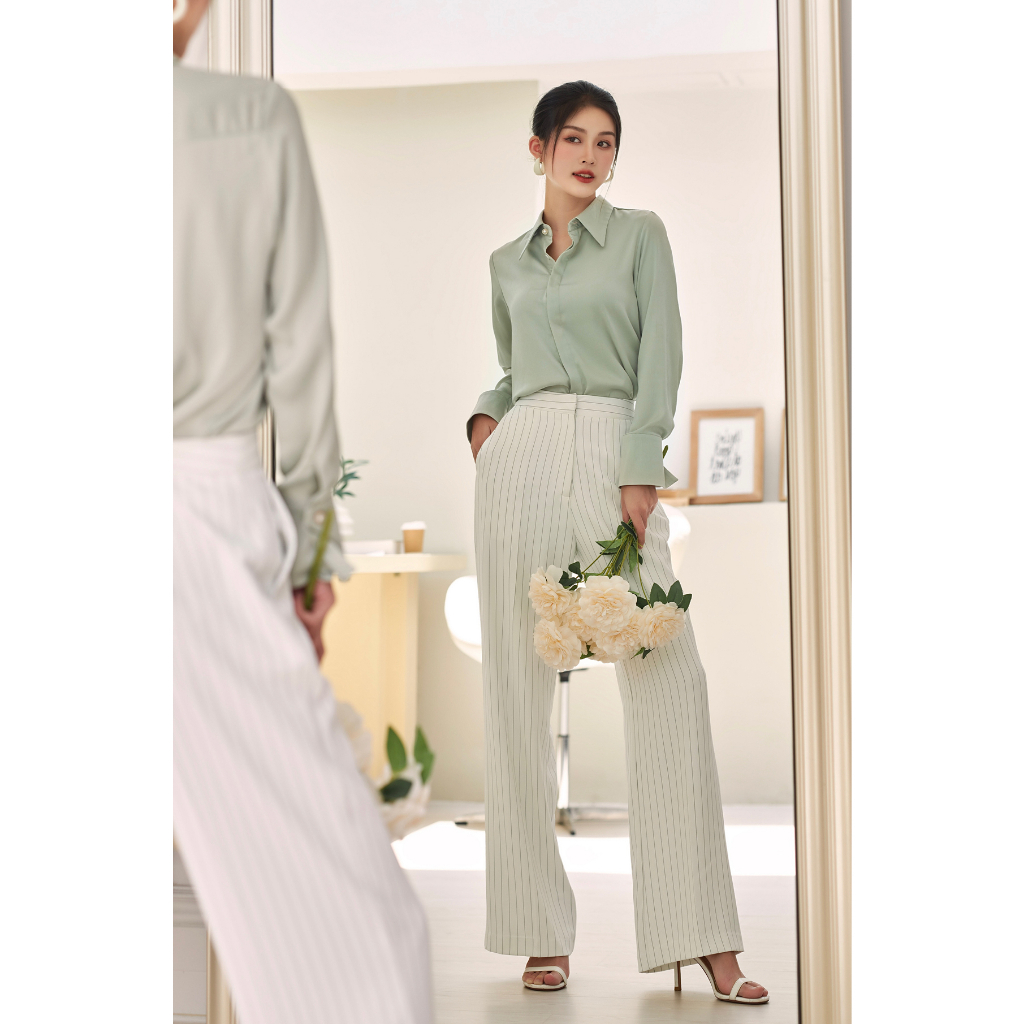 Quần Tây Ống Rộng Sọc GILLEE Lưng Cao Vải Cao Cấp FQR032