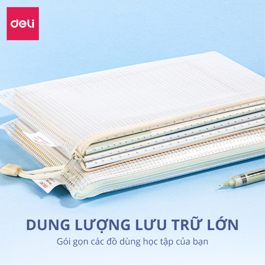 Túi Đựng Bút, Bóp Viết Lưới Pastel Trong Suốt Deli - Kích Thước A5 - Hộp Bút Chống Thấm Nước, Sức Chứa Lớn Cho Học Sinh