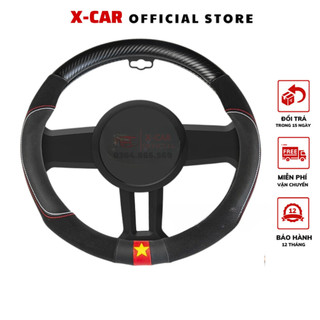 Bọc vô lăng cờ Việt Nam da vân Carbon phối Da lộn cao cấp