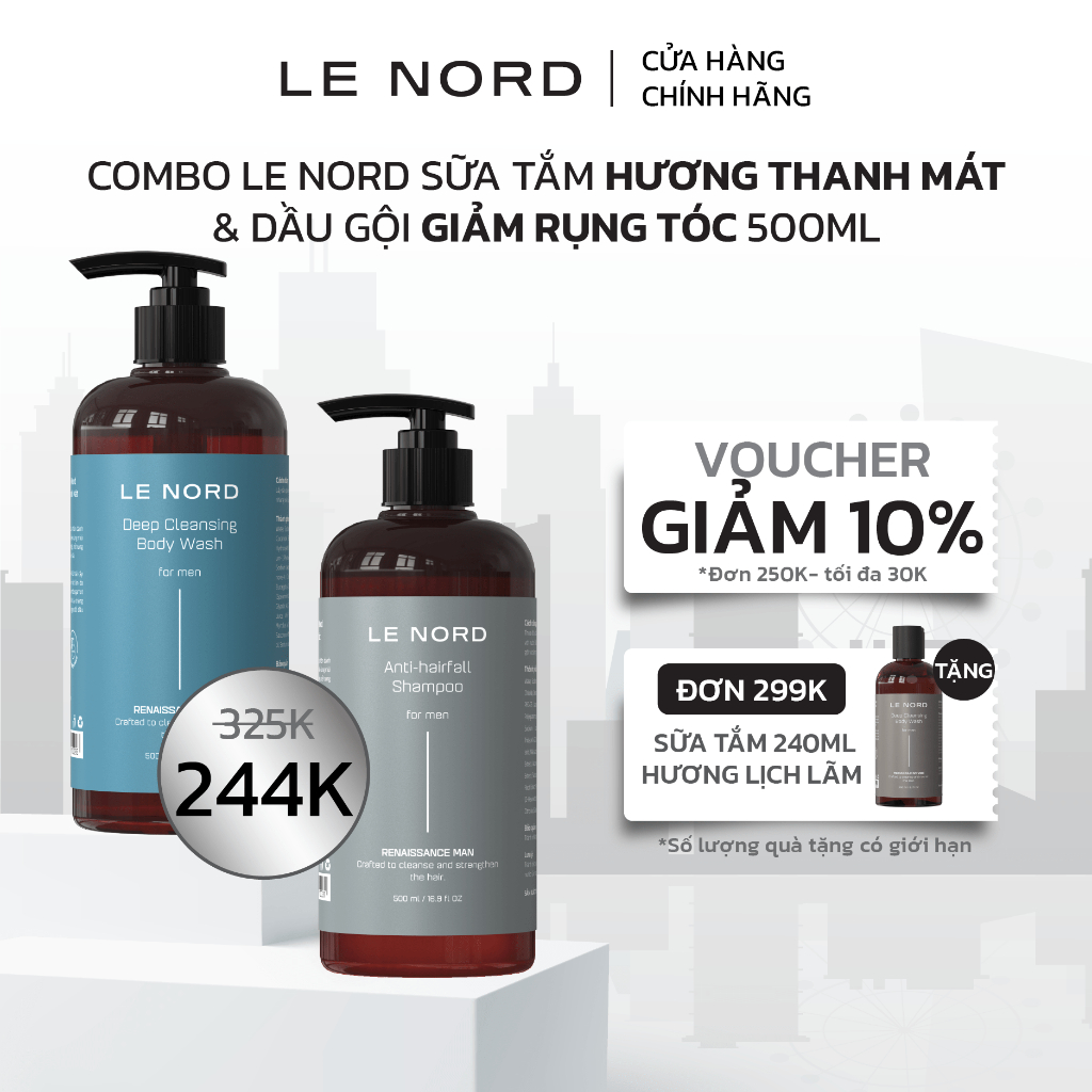 Combo Bộ Sản Phẩm Sữa Tắm Hương Thanh Mát + Dầu Gội Giảm Rụng Tóc Le Nord 500ml