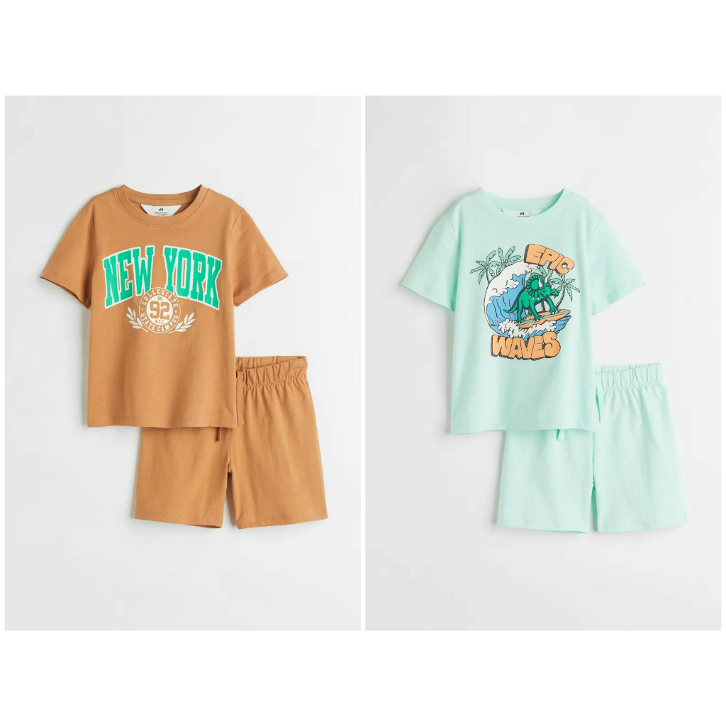 Set quần áo ngắn tay nâu New York xanh wave bé trai lớn 1085216001 HM H&M_hàng chính hãng authentic