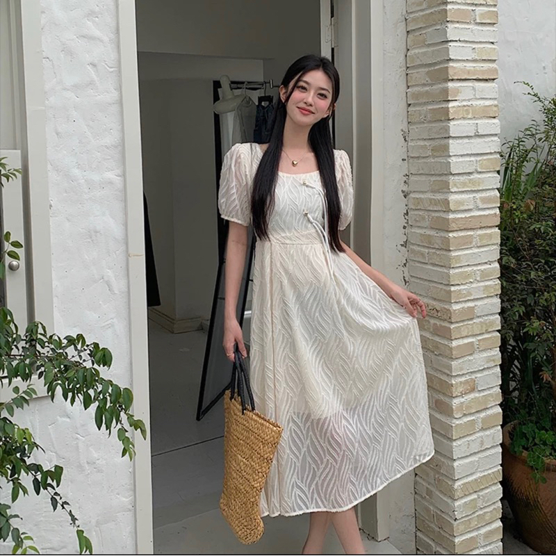 Đầm Maxi Nữ Dáng Dài Cổ Vuông Tay Phồng Vintage, Váy Tiểu Thư Dạo Phố Dự Tiệc Sang Chảnh Chít Eo Nữ Tính