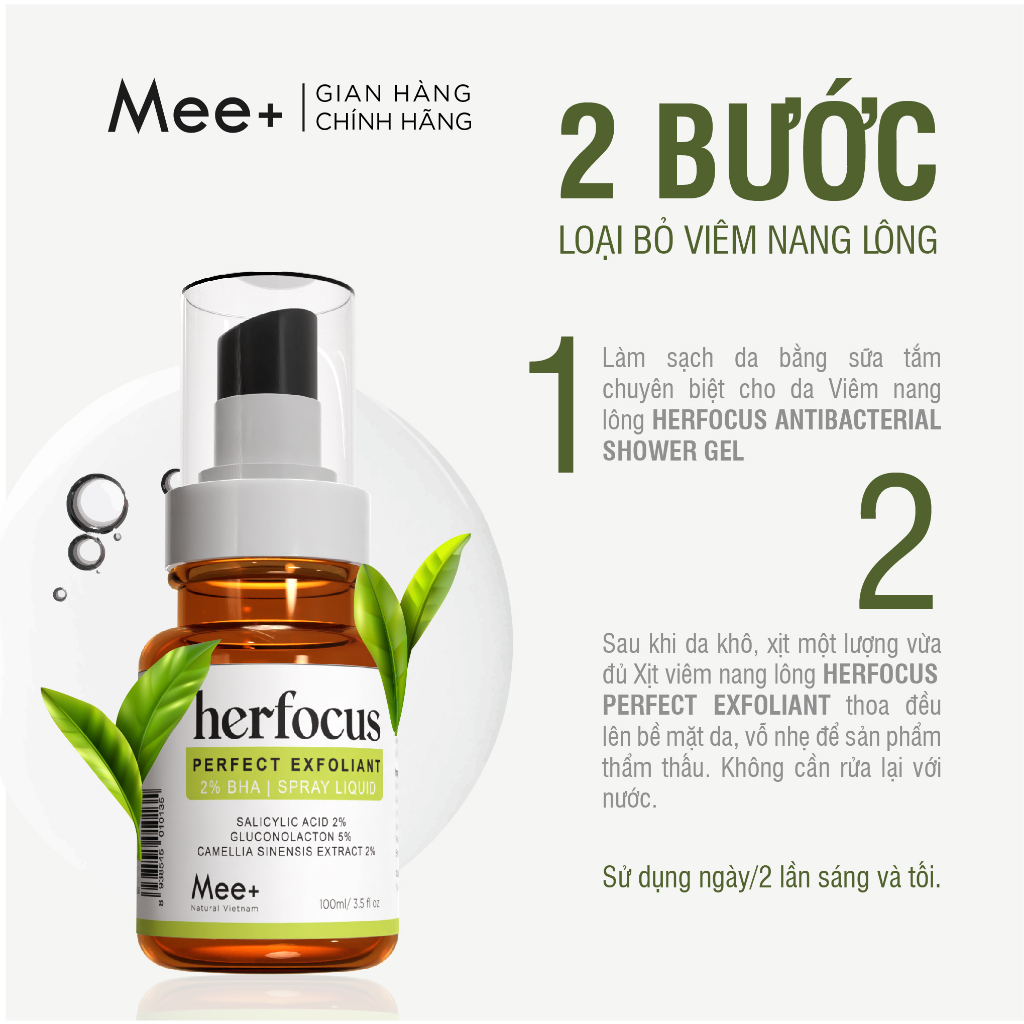 Viêm nang lông, viêm lỗ chân lông HERFOCUS - Xịt viêm nang lông 2% BHA 100ml