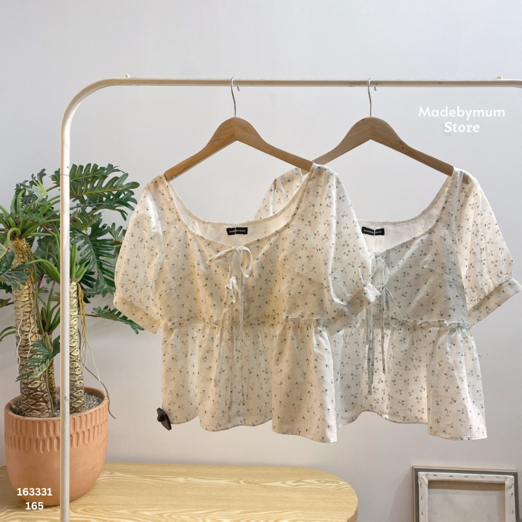 Áo kiểu hoa nhí baby tay ngắn cột nơ trước