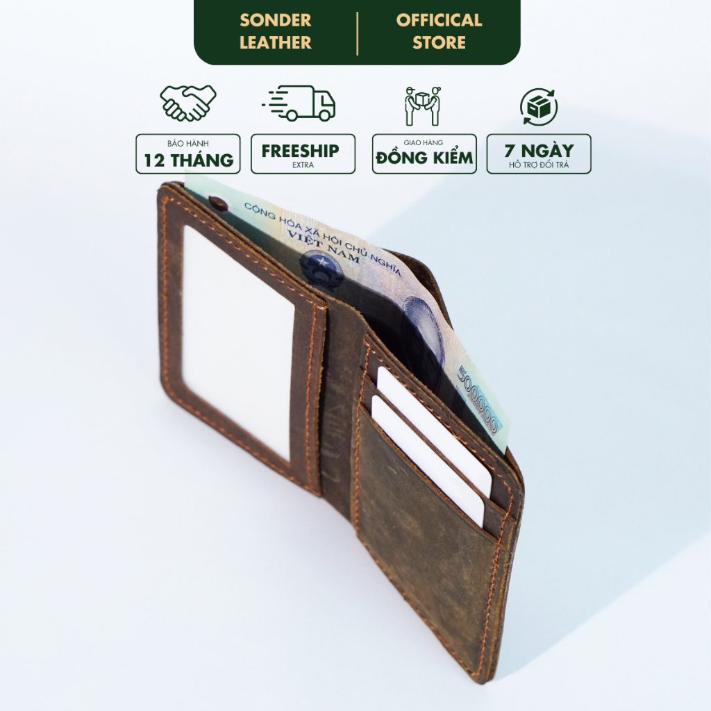 Ví nam da bò thật Kent Ví da nam mini nhỏ gọn, bóp nam cao cấp nhỏ gọn chất da bò sáp xước thương hiệu Sonder Leather