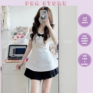Set áo tacta trễ vai nơ kèm chân váy xếp li tiểu thư sang chảnh Pea Store