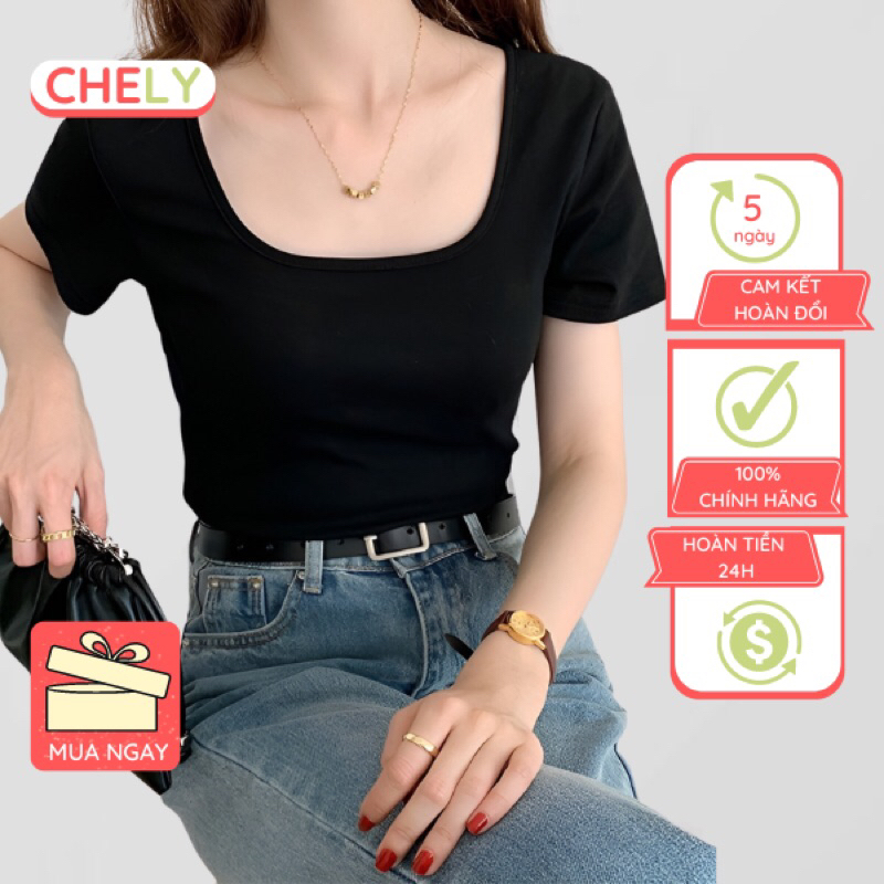 Áo thun nữ cổ vuông Chely chất cotton mềm, mịn, mát co giãn 4 chiều đủ size 45-65kg