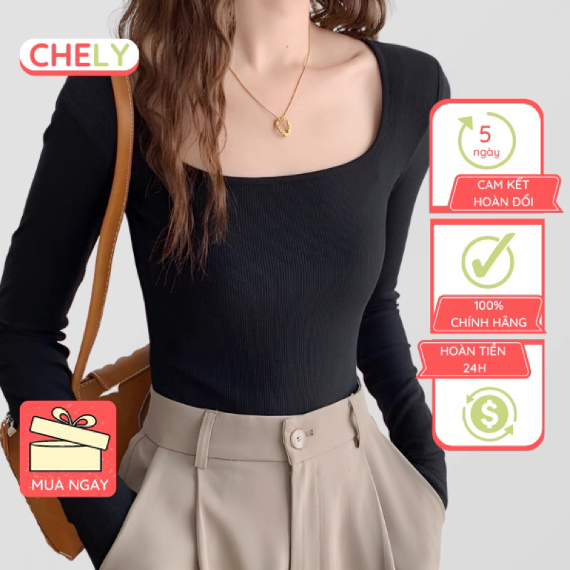 Áo Thun Nữ CRopTop Dài Tay Chely Cổ Vuông Cotton Borip Co Giãn Đơn Giản Basic Trẻ Trung Năng Động