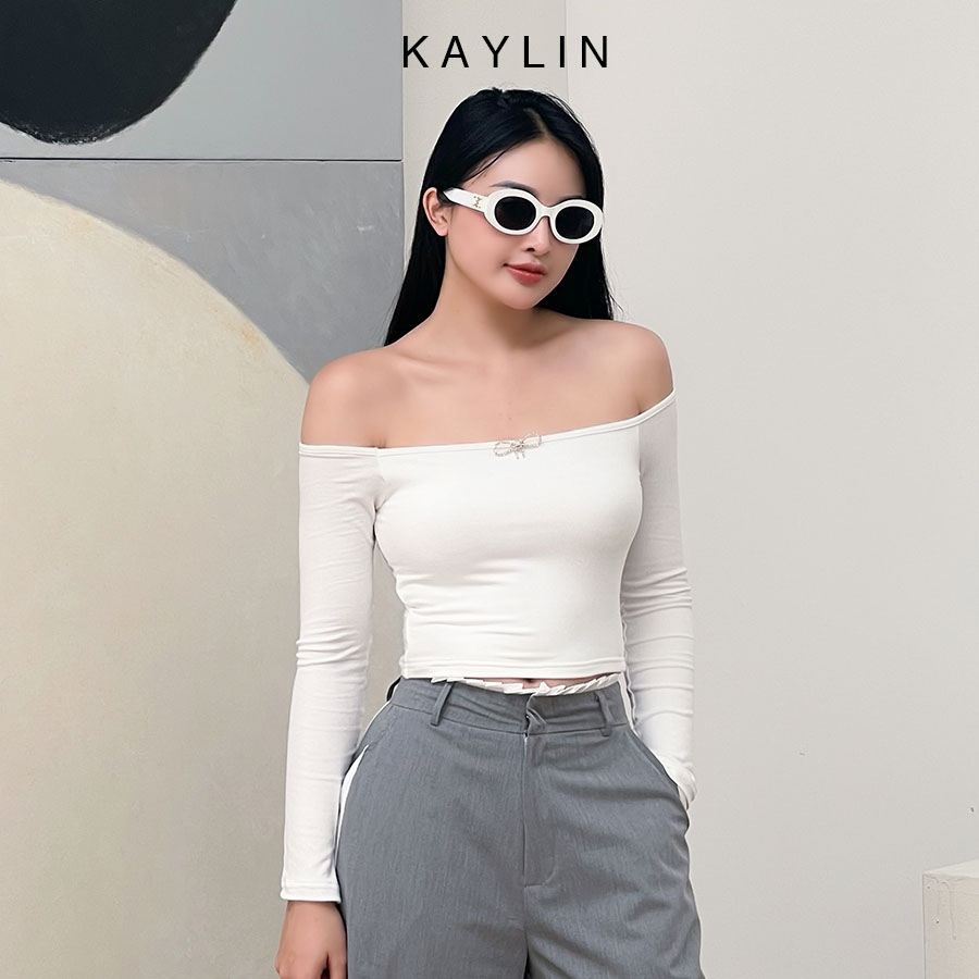 Áo thun gân croptop trơn trễ vai phối nơ phong cách KAYLI - N2065