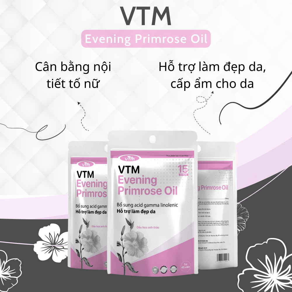 Viên uống tinh dầu hoa anh thảo VTM Evening Primrose Oil, hỗ trợ cân bằng nội tiết tố, làm đẹp da, tóc, móng