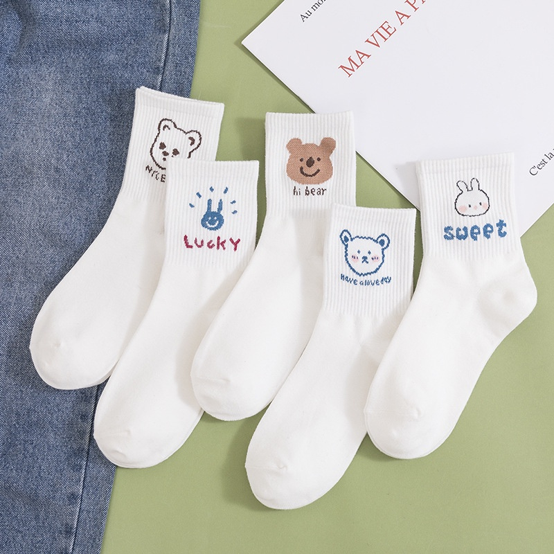 ❌COMBO 10 MIX❌Tất vớ cổ cao trắng họa tiết gấu xinh xắn style Hàn Quốc, Tất nam nữ hình teddy vải cotton AD25 Happy Mart
