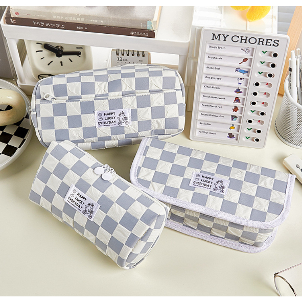 Túi Bút Caro Xám Nhiều Mẫu Bạn Có Thể Lựa Chọn. Túi Đựng Bút Chì Sức Chứa Lớn Họa Tiết Sọc Caro Trắng Xám Hình Chú Chó