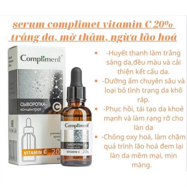 Serum Compliment Vitamin C 20% Sáng Da, Mờ Thâm, Ngừa Lão Hoá 27ml