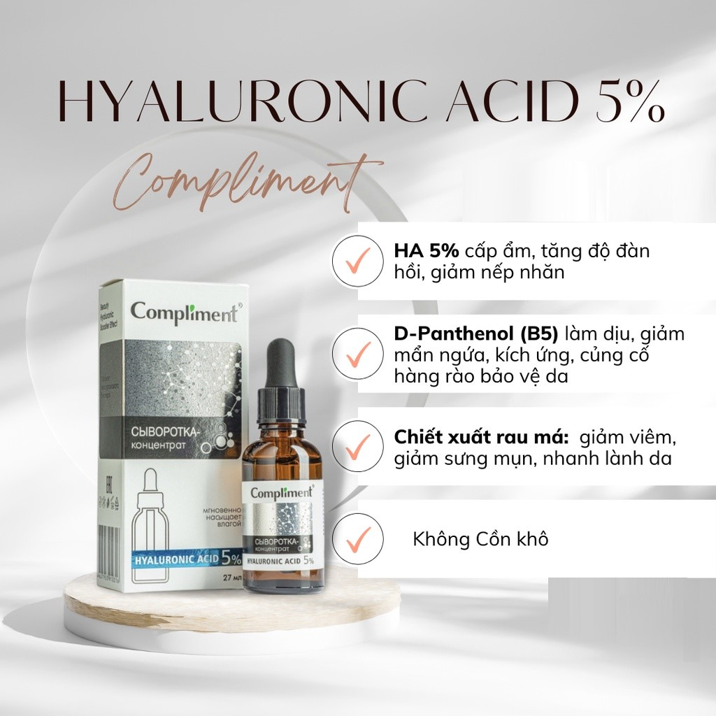 Serum Compliment Hyaluronic Acid 5% + B5 cấp nước, dưỡng ẩm, phục hồi 27ml