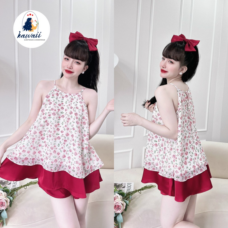 BỘ YẾM VOAN PHỐI LỤA LATIN SIZE 40-70kg, ĐỒ BỘ NỮ VOAN HOA NHÍ, ĐỒ NGỦ THOÁNG MÁT, DỄ THƯƠNG