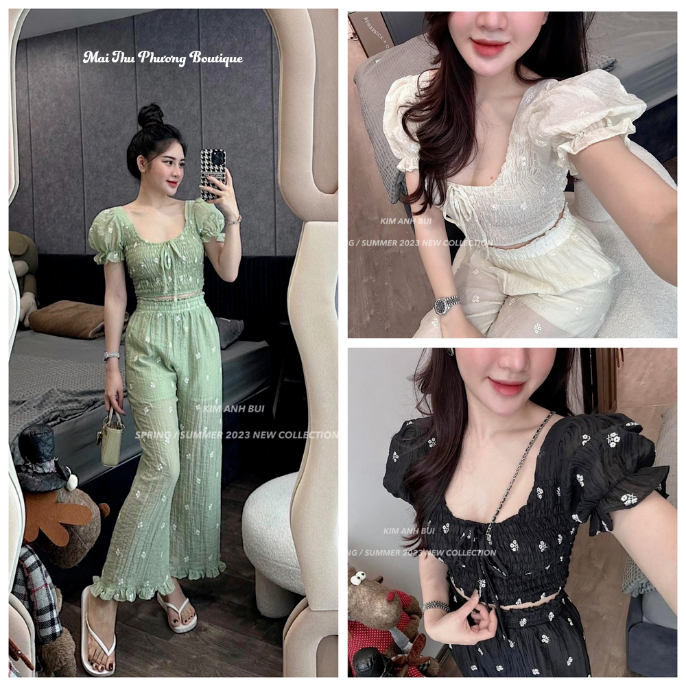 Set Bộ Đồ Nữ Tơ Nhăn Thêu Hoa Nhí Áo Chun Croptop Tay Bồng Mix Quần Suông Ống Rộng Viền Bèo 2 Lớp Mẫu HOANOI3MAU. TP119