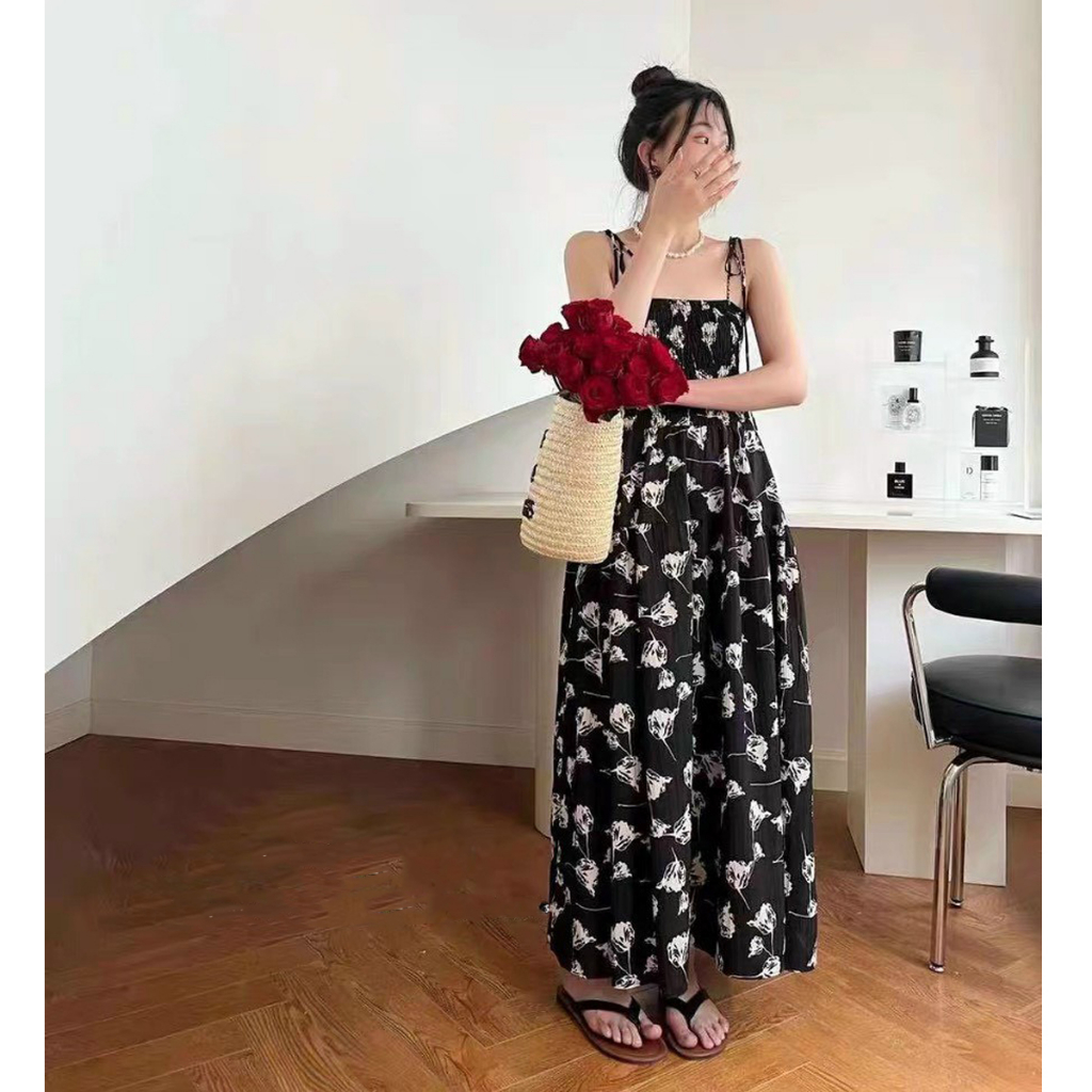 Váy kiểu nữ, Váy babydoll 2 dây bo chun ngực dáng dài họa tiết hoa style Hàn Quốc
