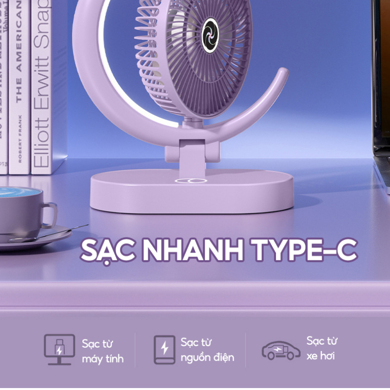 Quạt mini để bàn tích điện gấp gọn JIASHI 4 tốc độ gió tích hợp đèn ngủ 3 chế độ sáng pin lớn động cơ không ồn QMN15