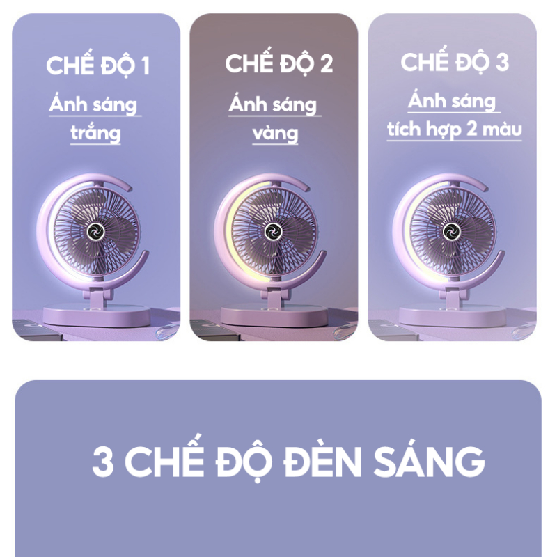 Quạt mini để bàn tích điện gấp gọn JIASHI 4 tốc độ gió tích hợp đèn ngủ 3 chế độ sáng pin lớn động cơ không ồn QMN15