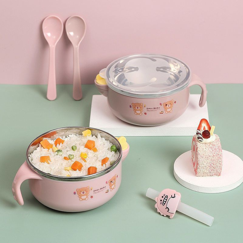 Bát ăn dặm inox kèm thìa báo nóng cho bé BQSHOP