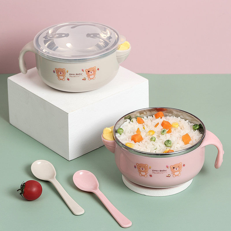 Bát ăn dặm inox kèm thìa báo nóng cho bé BQSHOP