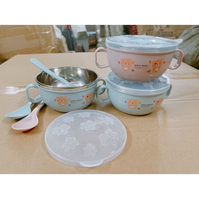 Bát ăn dặm inox kèm thìa báo nóng cho bé BQSHOP