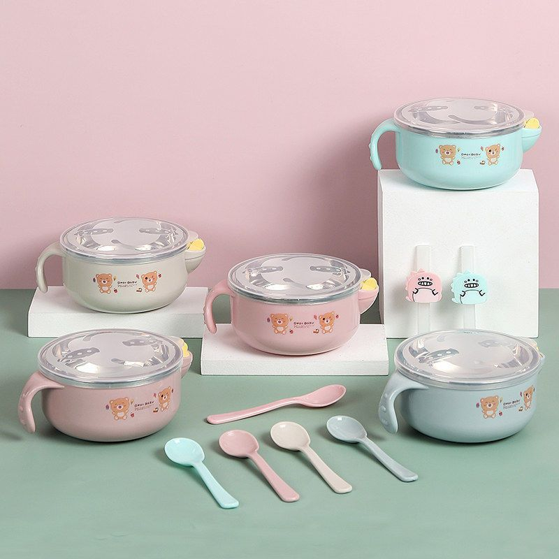 Bát ăn dặm inox kèm thìa báo nóng cho bé BQSHOP