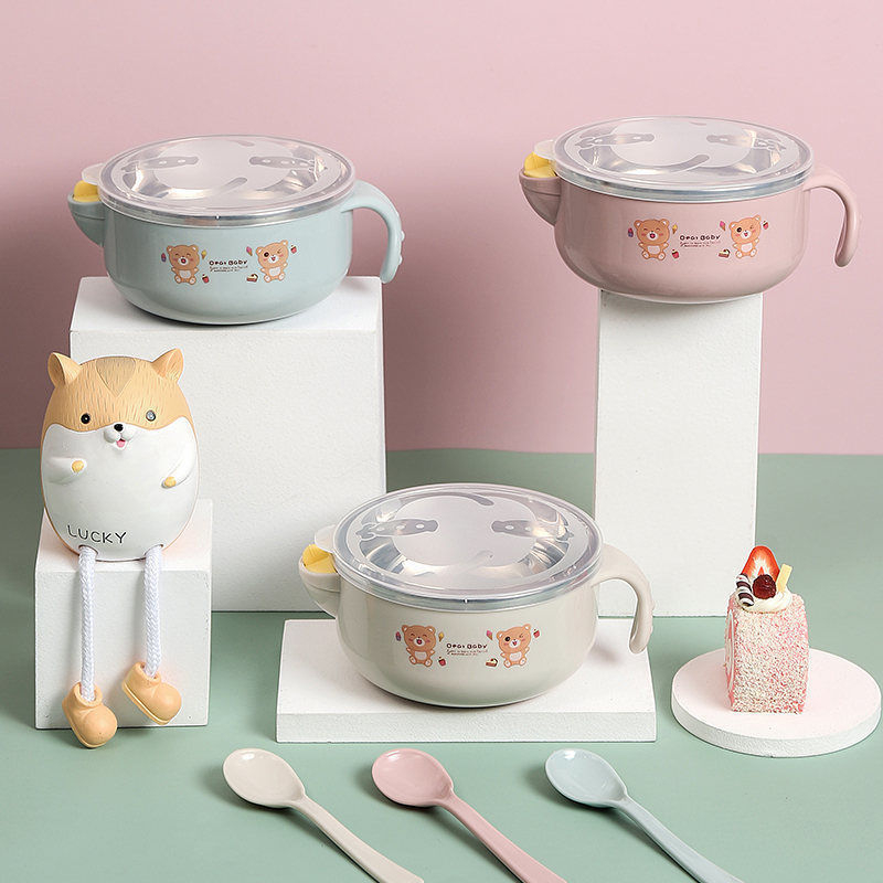 Bát ăn dặm inox kèm thìa báo nóng cho bé BQSHOP