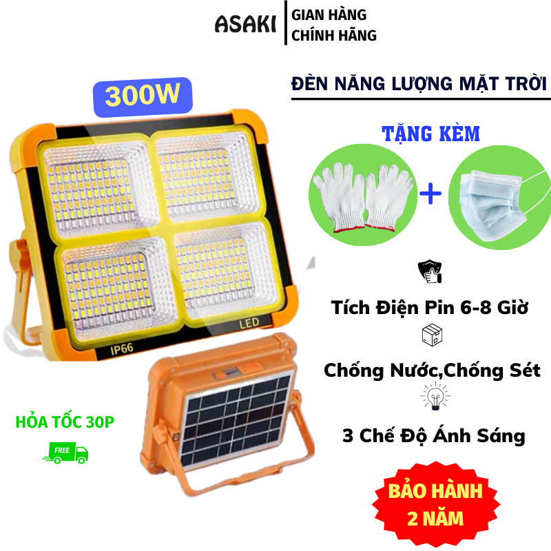 Đèn Pha Led Năng Lượng Mặt Trời Asaki Sạc Tích Điện 220V Chống Nước 3 Chế Độ Sáng