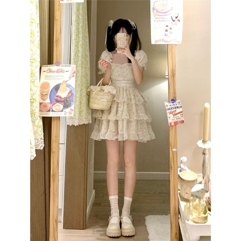 Váy voan hoa xếp tầng bèo phối viền eo ren dễ thương