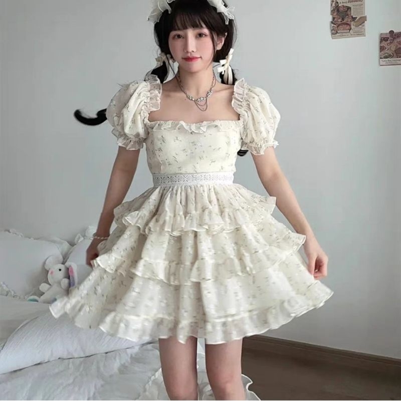 Váy voan hoa xếp tầng bèo phối viền eo ren dễ thương