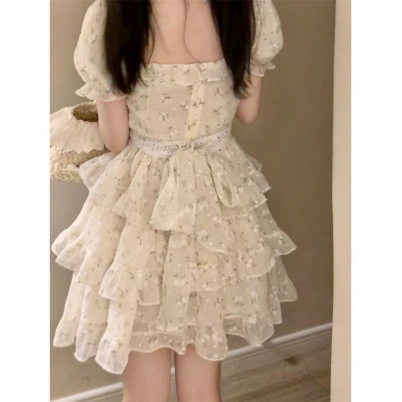 Váy voan hoa xếp tầng bèo phối viền eo ren dễ thương