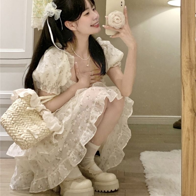 Váy voan hoa xếp tầng bèo phối viền eo ren dễ thương