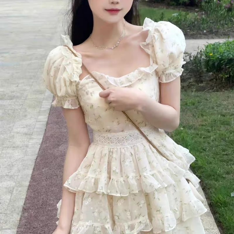 Váy voan hoa xếp tầng bèo phối viền eo ren dễ thương