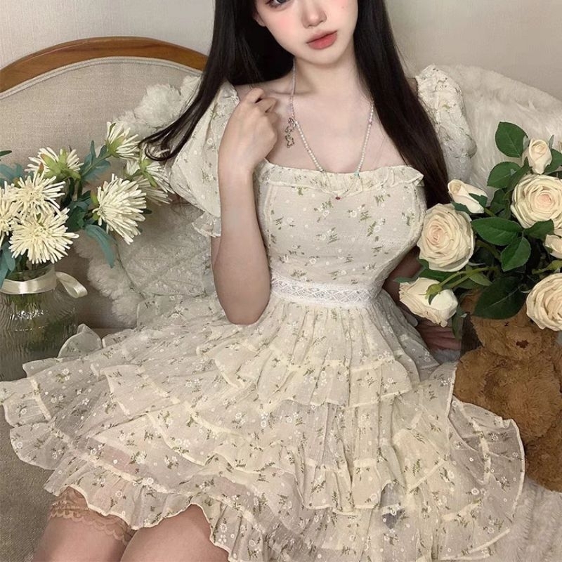 Váy voan hoa xếp tầng bèo phối viền eo ren dễ thương