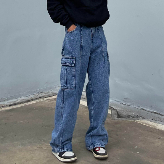 Quần Cargo Pants Out.3r S04, Ống Rộng, Vải Jeans Nhập Khẩu, Màu Xanh, Đen