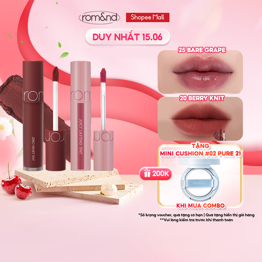 Combo Son Tint Romand Juicy Lasting Tint Ripe Fruit 5.5g + Son kem Romand Zero Velvet Tint 5.5g