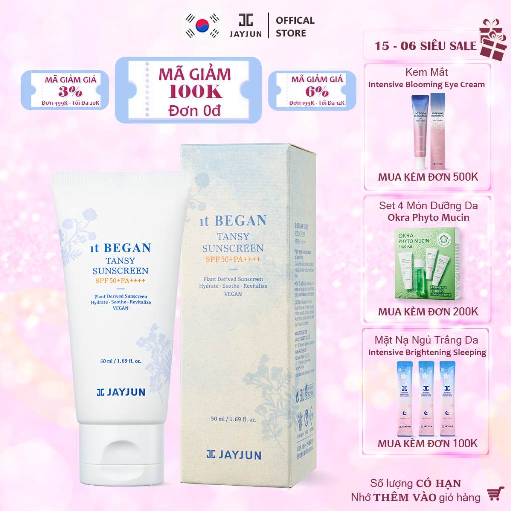 Kem Chống Nắng Thuần Chay Dịu Nhẹ Bảo Vệ Da JAYJUN IT BEGAN TANSY SUNSCREEN SPF50+PA++++ 50ml