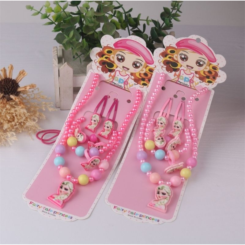 Set trang sức bé gái 6 chi tiết vòng cổ, vòng tay, nhẫn, kẹp tóc, dây cột tóc hoạt hình dễ thương