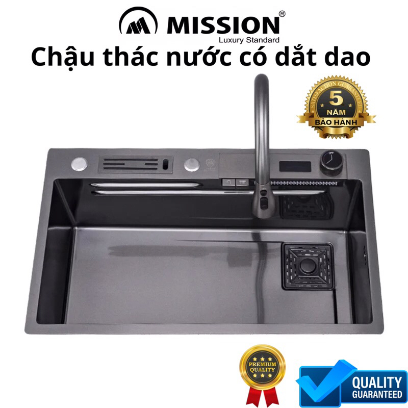 Chậu rửa chén bát 1 hố inox 304 cỡ lớn, bồn rửa chén bát 1 hộc, vòi rút thác nước xả ngang led hiển thị nhiệt độ Mission