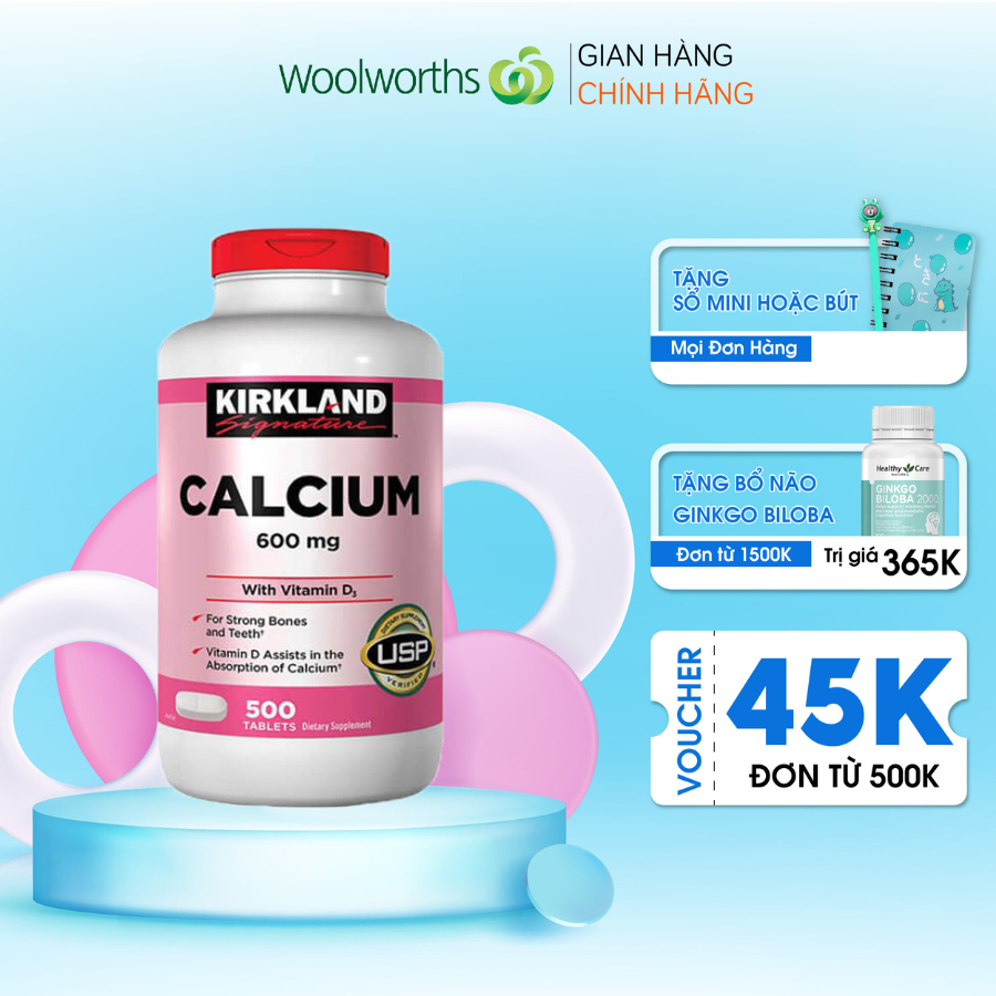 Viên uống bổ sung canxi Kirkland Signature Calcium 600mg + D3 500 viên - Giúp Xương Chắc Khỏe, Giảm Nguy Cơ Loãng Xương