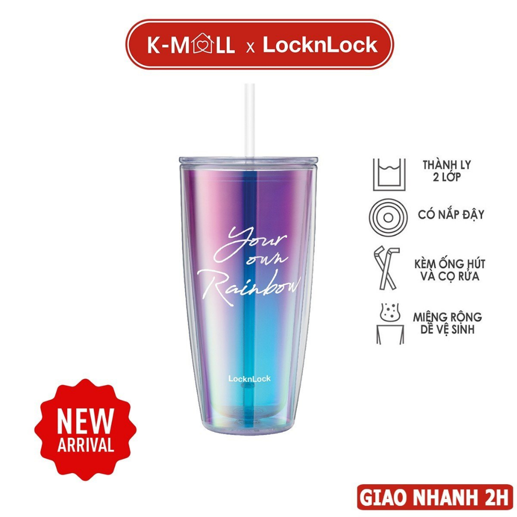 Ly nhựa 2 lớp LocknLock HAP507VOLH - Hàng Chính Hãng màu Violet kèm ống hút Rainbow double wall cold cup HAP507 - K-MALL