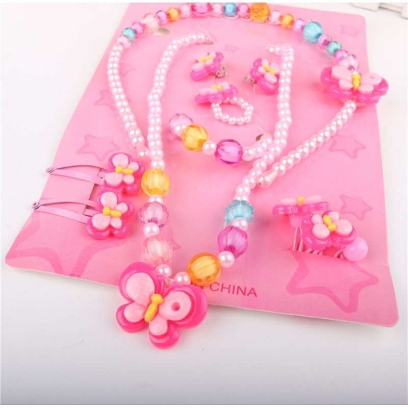 Set trang sức cho bé gái 10 chi tiết vòng cổ, vòng tay, nhẫn, bông tai, kẹp tóc, cột tóc, cài tóc