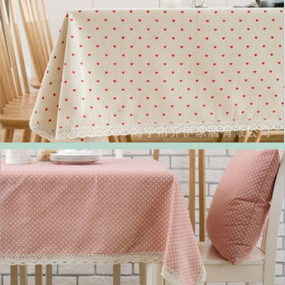 Khăn bàn chấm bi hồng và kem viền ren Nhà Xinh Decor vải bố canvas trang trí nhà cửa vintage