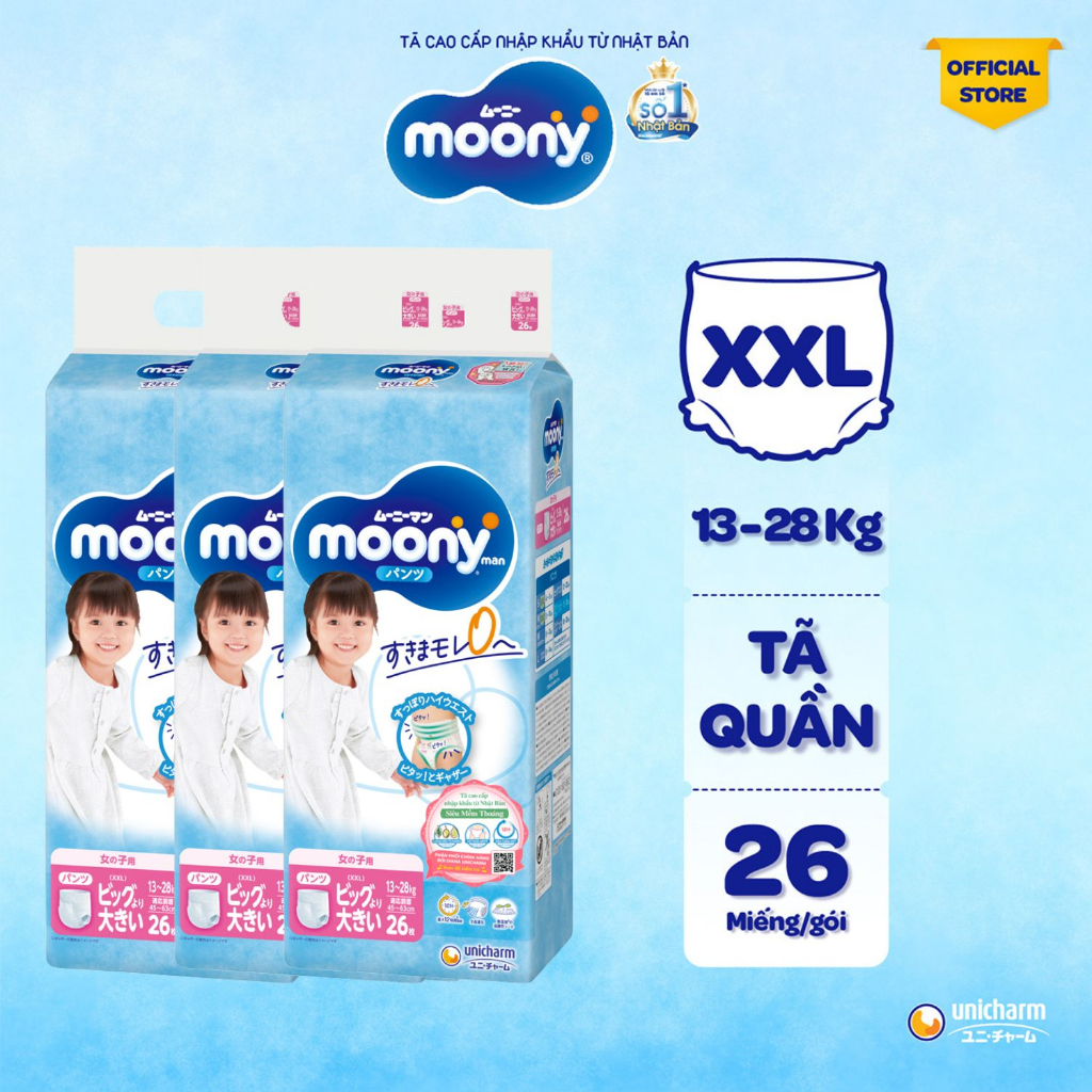 [V] Bộ 3 Tã quần cao cấp Moony Bé Gái L44/XL38/XXL26 - Nhập khẩu Nhật Bản