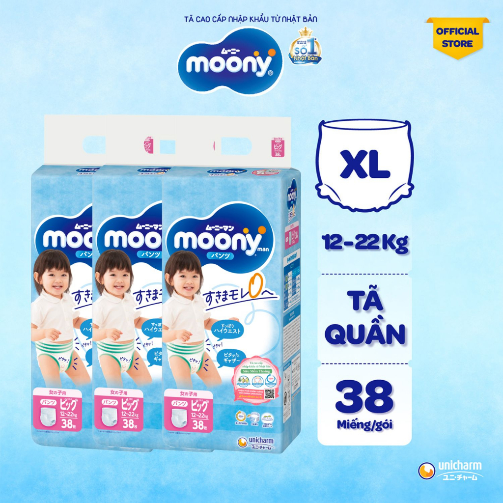 [V] Bộ 3 Tã quần cao cấp Moony Bé Gái L44/XL38/XXL26 - Nhập khẩu Nhật Bản