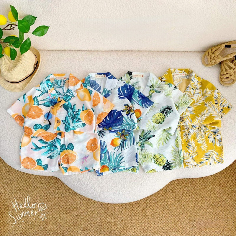 Bộ đồ đi biển bé trai, hoạ tiết hoa lá, chất đũi siêu mát cho bé từ 8-22kg