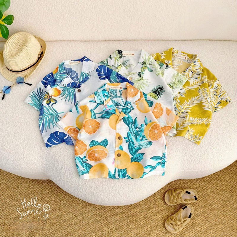 Bộ đồ đi biển bé trai, hoạ tiết hoa lá, chất đũi siêu mát cho bé từ 8-22kg